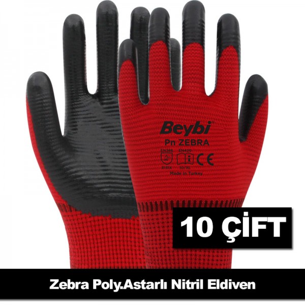 BEYBI 10ADET PN ZEBRA KIRMIZI POLYESTER ÖRME NİTRİL ELDİVEN - 10 ADET