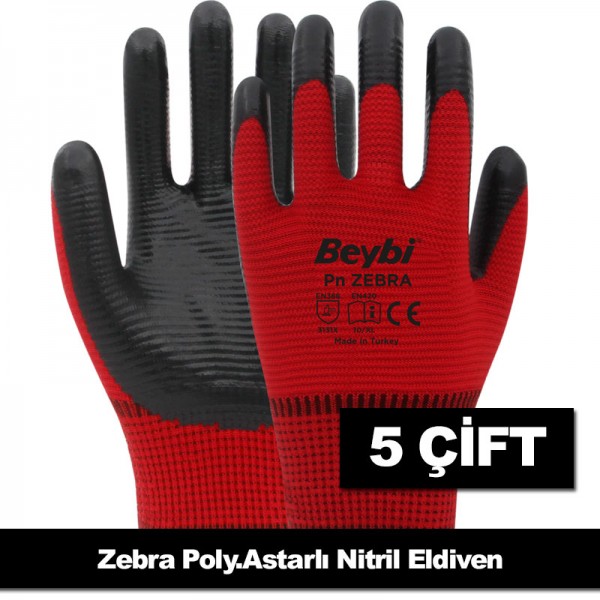 BEYBI 5ADET PN ZEBRA KIRMIZI POLYESTER ÖRME NİTRİL ELDİVEN - 5 ADET