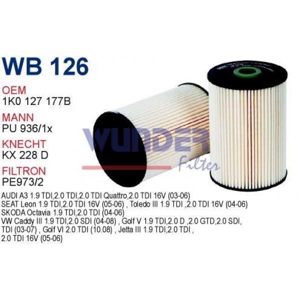 WUNDER WB126 WUNDER WB126 MAZOT FİLTRESİ - VOLKSWAGEN JETTA - CADDY 1.9 TDI Y.M-TOLEDO