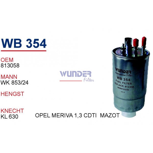 WUNDER WB354 WUNDER WB354 MAZOT FİLTRESİ - OPEL MERİVA 1,3 CDTİ