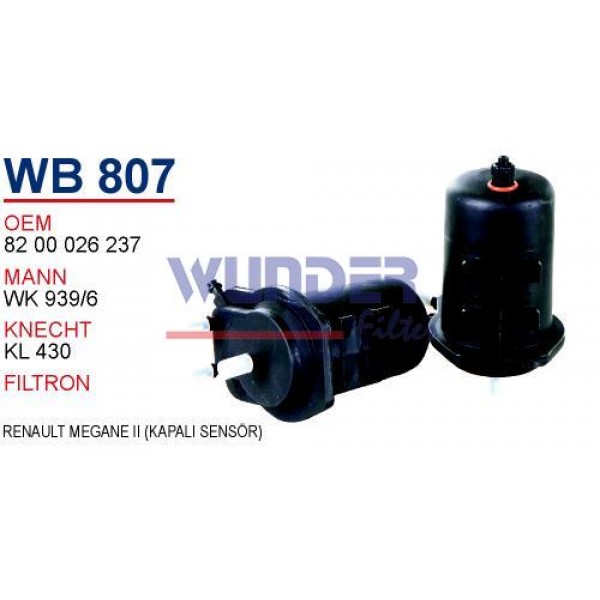 WUNDER WB807 WUNDER WB807 MAZOT FİLTRESİ - RENAULT MEGANE II (KAPALI SENSÖR)