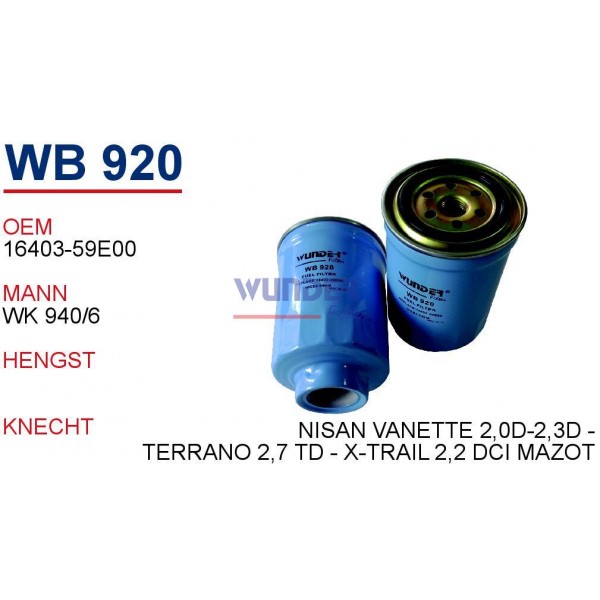 WUNDER WB920 WUNDER WB920 MAZOT FİLTRESİ - NİSSAN VANETTE 2,0D-2,3D - TERRANO 2,7 TD - X-TRAİL 2,2 DCI
