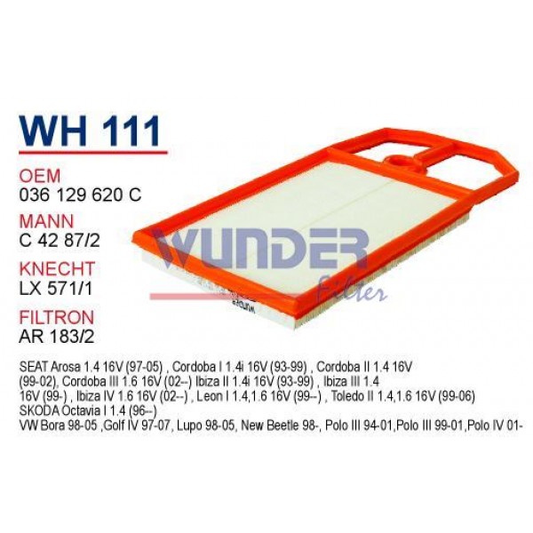 WUNDER WH111 WUNDER WH111 HAVA FİLTRESİ - VW POLO SPORTLiNE (ÇANTA) - SEAT IBIZA III 1.4
