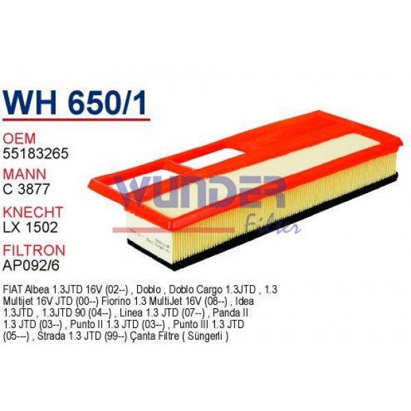 WUNDER WH650/1 WUNDER WH650/1 HAVA FİLTRESİ - FiAT ALBEA - PALiO - DOBLO 1.3 JTD (SÜNGERLi)