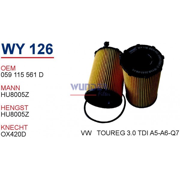 WUNDER WY126 WUNDER WY126 YAĞ FİLTRESİ - TOUAREG 3.0 TDI (11-) A5-A6-Q7