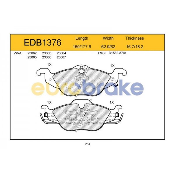 EUROBRAKE EDB1376 ÖN BALATA ASTRA G 1.2-1.4-1.6-1.7D-1.8-2.0D 98-05 ZAFIRA 1.8-2.0D 16V 98-05 GDB1351-FDB1293-LP1673