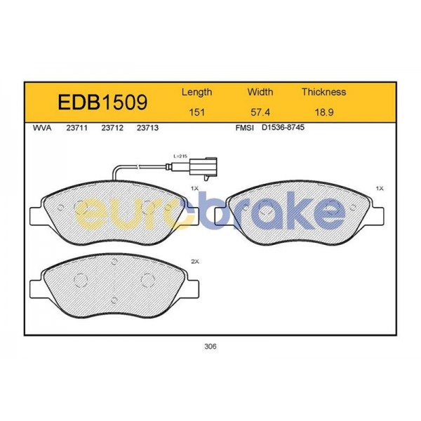 EUROBRAKE EDB1509 ÖN BALATA EGEA YM- BRAVO 1.4 1.6D 1.9D 2.0D 08 DELTA 1.4 10 1.6D 08 11 BÜYÜK TİP İKAZ KABLOLU GDB1855-FDB1468-LP1720