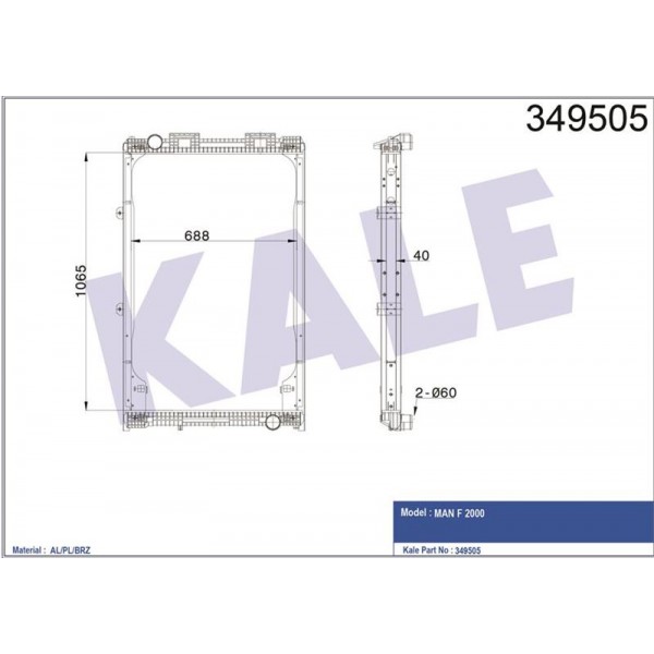KALE OTO RADYATÖR 349505 RADYATÖR AL/BRZ MAN F 2000 ÇERÇEVELİ MT 1065×688×40