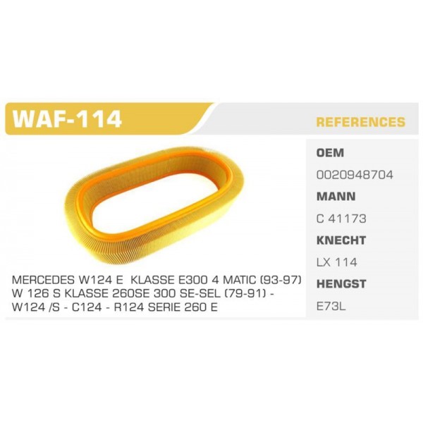 WINKEL WAF-114 HAVA FİLTRESİ MERCEDES S KLASSE W126 300 SE.SEL 180HP 09/85 06/91 W124 S124 C124 W126 Koli: 20 Ad.