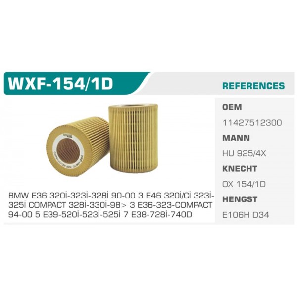 WINKEL WXF-154-1D YAĞ FİLTRESİ BMW 3 BMW 5 320I 323I 328I 520I ECO MANN TİPİ Koli: 50 Ad.