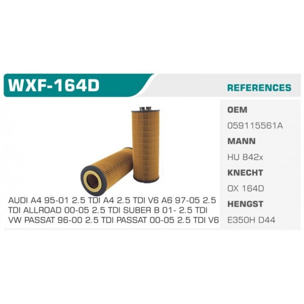 WINKEL WXF-164D YAĞ FİLTRESİ PASSAT / A4 A6 A8 2.5 TDI AFB AKN ECO MANN TİPİ Koli: 50 Ad.