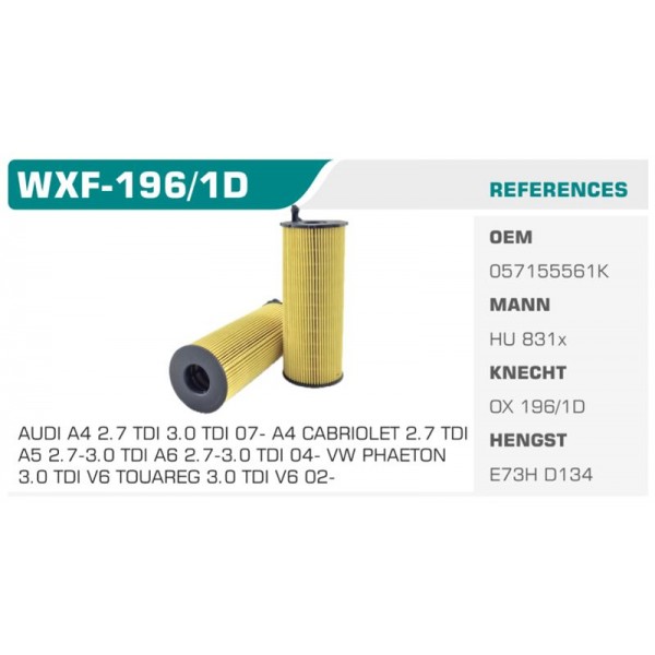 WINKEL WXF-196-1D YAĞ FİLTRESİ TOUAREG / A4 A6 A8 Q7 2.7 TDI 3.0 TDI 4.2 TDI ECO MANN TİPİ Koli: 50 Ad.