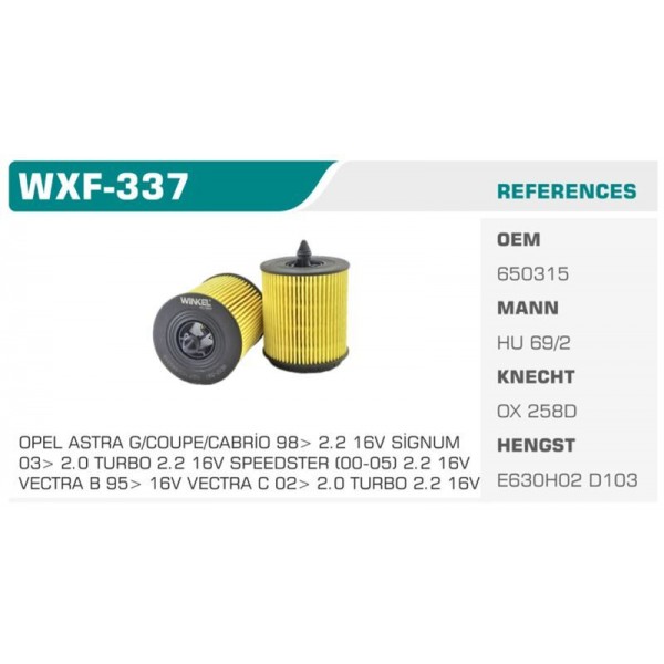 WINKEL WXF-337 YAĞ FİLTRESİ ASTRA G VECTRA B C INSIGNIA ZAFIRA 2.0 2.2 16V Koli: 50 Ad.